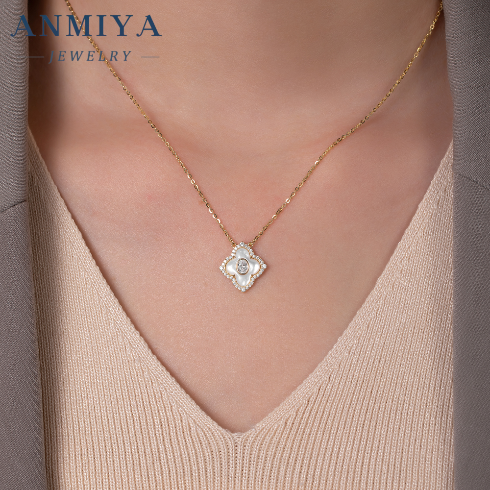 Unisex 925 Sterling Silver Four Leaf Clover Pendant Necklace Customizable with White Shell and Zircon for Engagement
