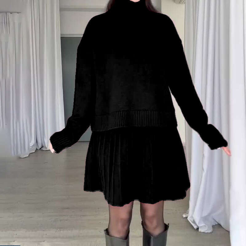Autumn Winter New Women's Sweater High Neck Long Sleeve Fashion Casual Pleated Short Skirt Set B5