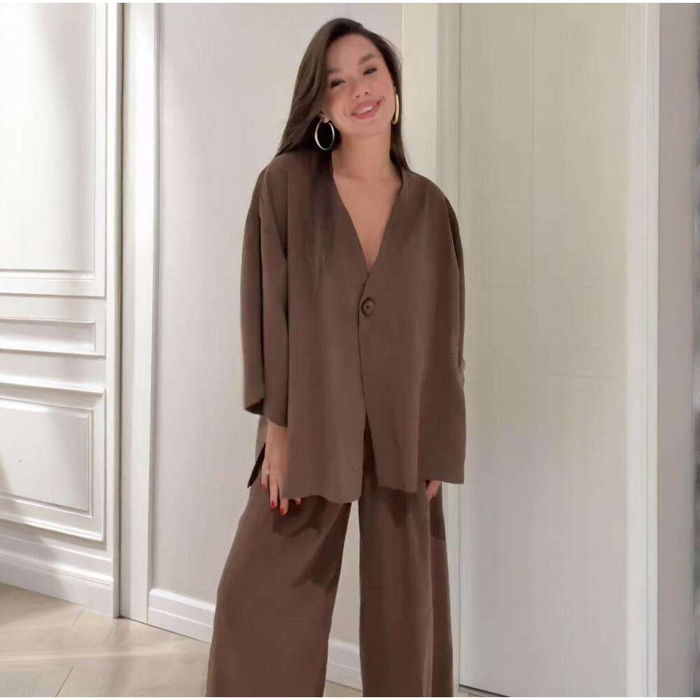 Spring New Women's Belt Solid Color Wide-Leg Pants Elegant Commuter Fashion Set B5