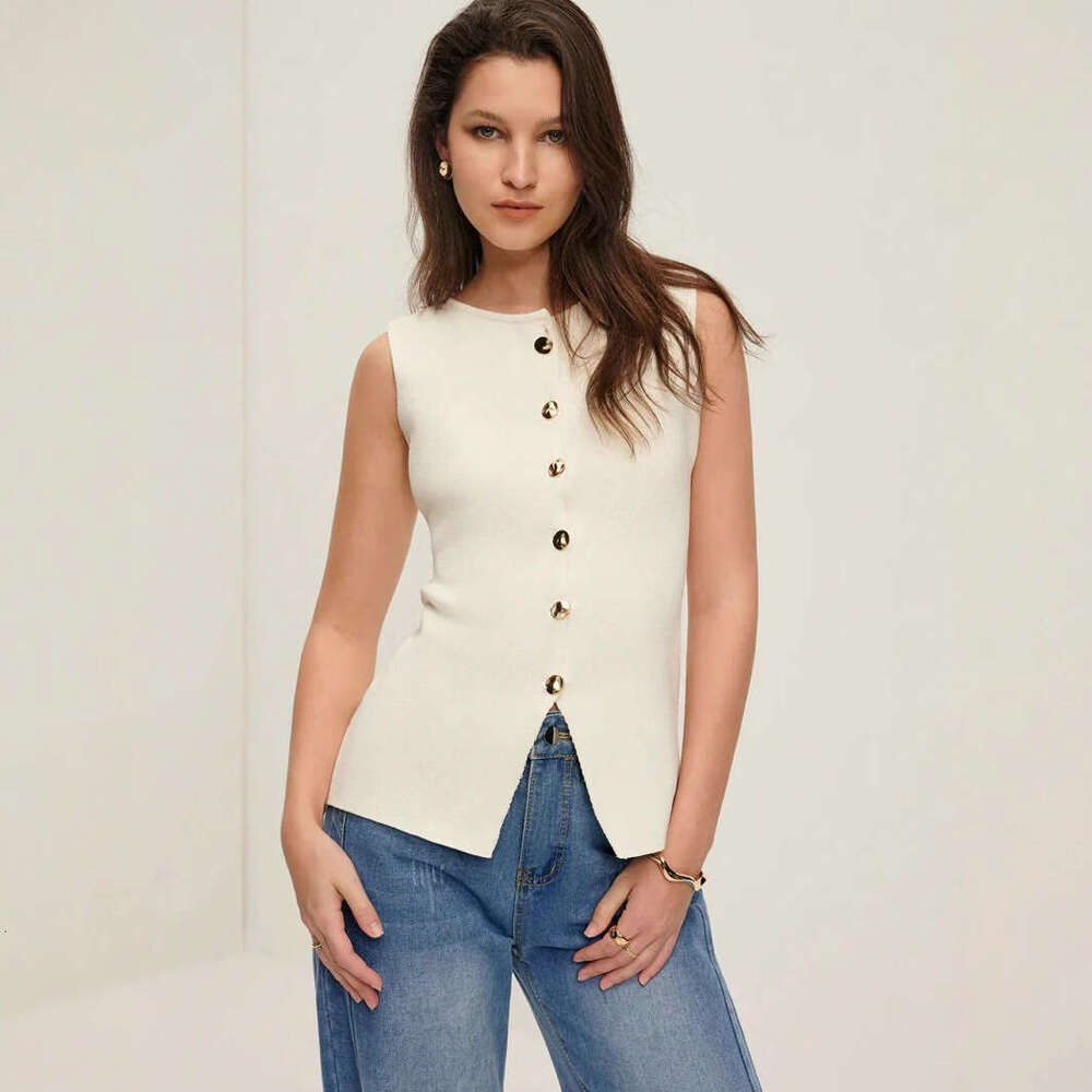 TRAFZA Style Spring Sleeveless Slim Fit Plain Knit Gold Button Vest Women's Knitted Top B5