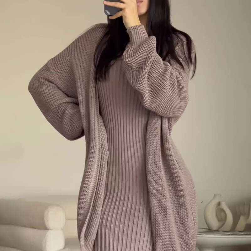 Russian Autumn Winter New Casual Round Neck Lazy Style Cardigan Knitted Suit Dress B5