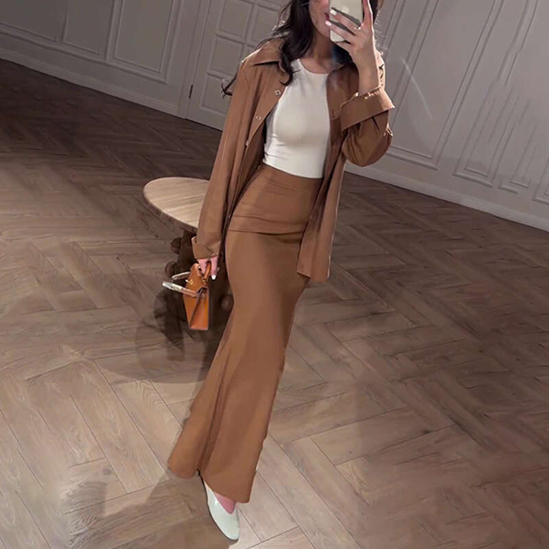 Comfortable Casual Loose Sleeve Shirt Elastic Waist Long Skirt Two-Piece For Women Solid Color Summer New Thin Set B5