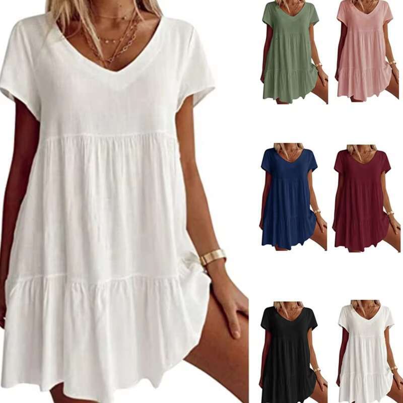 Donne Manica Corta Sexy A V-Collo Tunica Mini Abito Mini Abito A Colori Solidi …