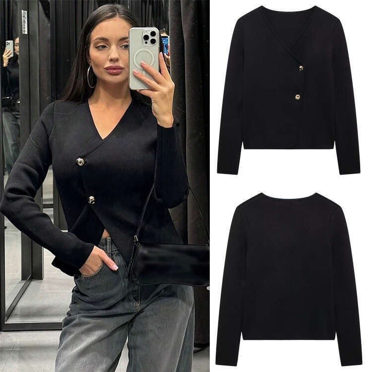 TRAFZAINS Spring And Autumn New Style Asymmetric Button Decorated Knitted Cardigan Jacket B5