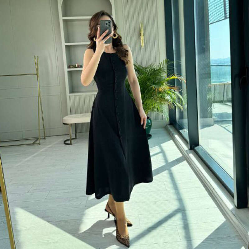 Summer New Women's Sleeveless Button Waist-Cinching Elegant Fashion Dress B5