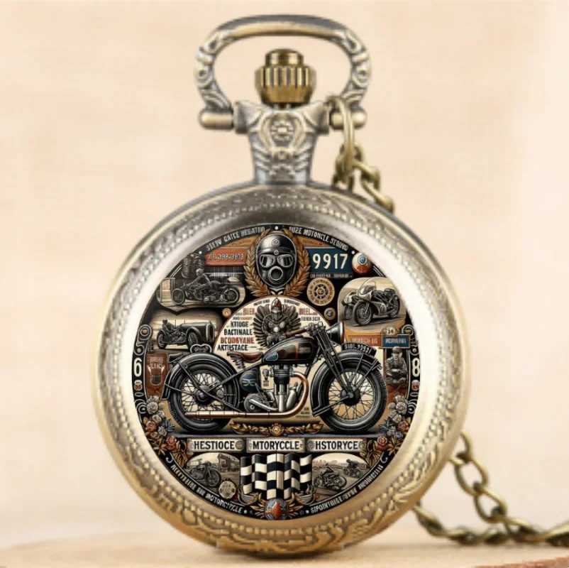 Antique Exquisite Vintage Motorcycle Pattern Design Quartz Pocket Watch - Men Male Kids Fashion Accessory Non-Waterproof Watch Z250714