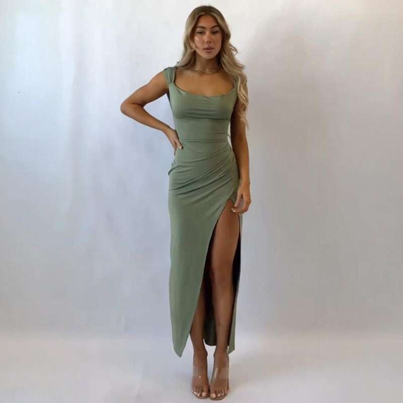 Women's Clothing Summer Square Neck Sexy Slit Solid Color Elegant Tie Dress For Women B5