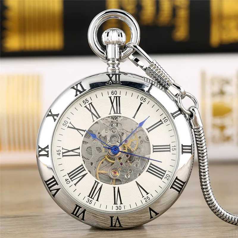 Gold/Silver Roman Numerals Open Face Men Women Mechanical Automatic Pocket Watch Pendant Chain Clock Skeleton Watches Gift Z250714