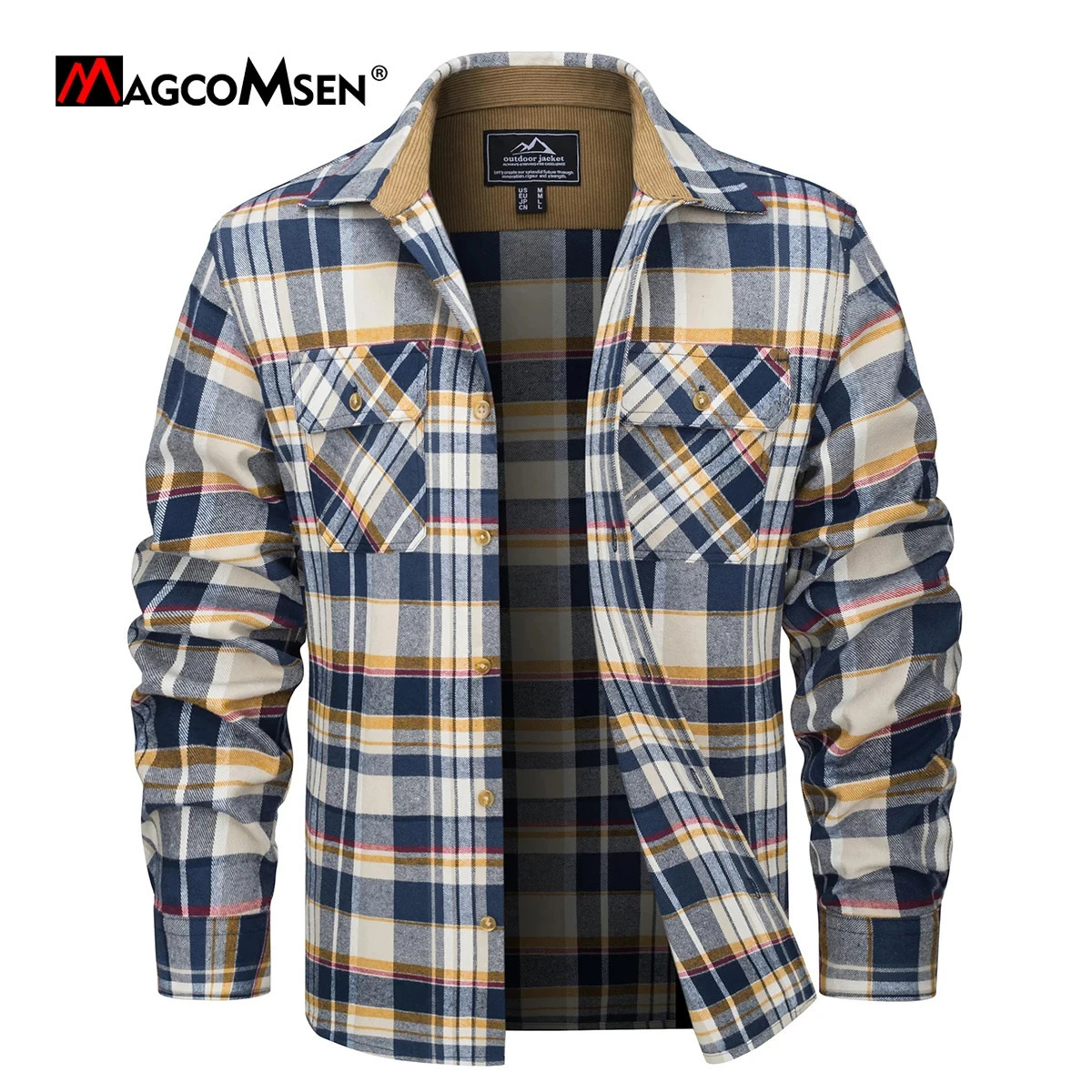 MAGCOMSEN Flannel Shirts Mens Long Sleeves Cotton Long Sleeve Plaid Shirt with 2 Pockets Button Down Casual Corduroy Shirt Male 250709