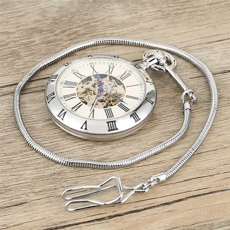 Gold/Silver Roman Numerals Open Face Men Women Mechanical Automatic Pocket Watch Pendant Chain Clock Skeleton Watches Gift Z250714