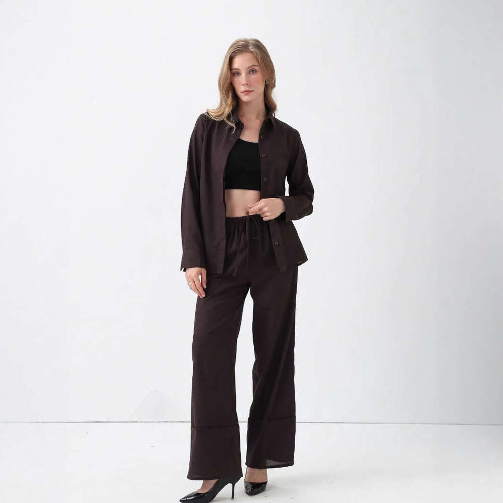 TRAFZA Spring Summer New Style Women's Fashion Casual Turn-Down Collar Long Sleeve Shirt Wide-Leg Pants Set B5