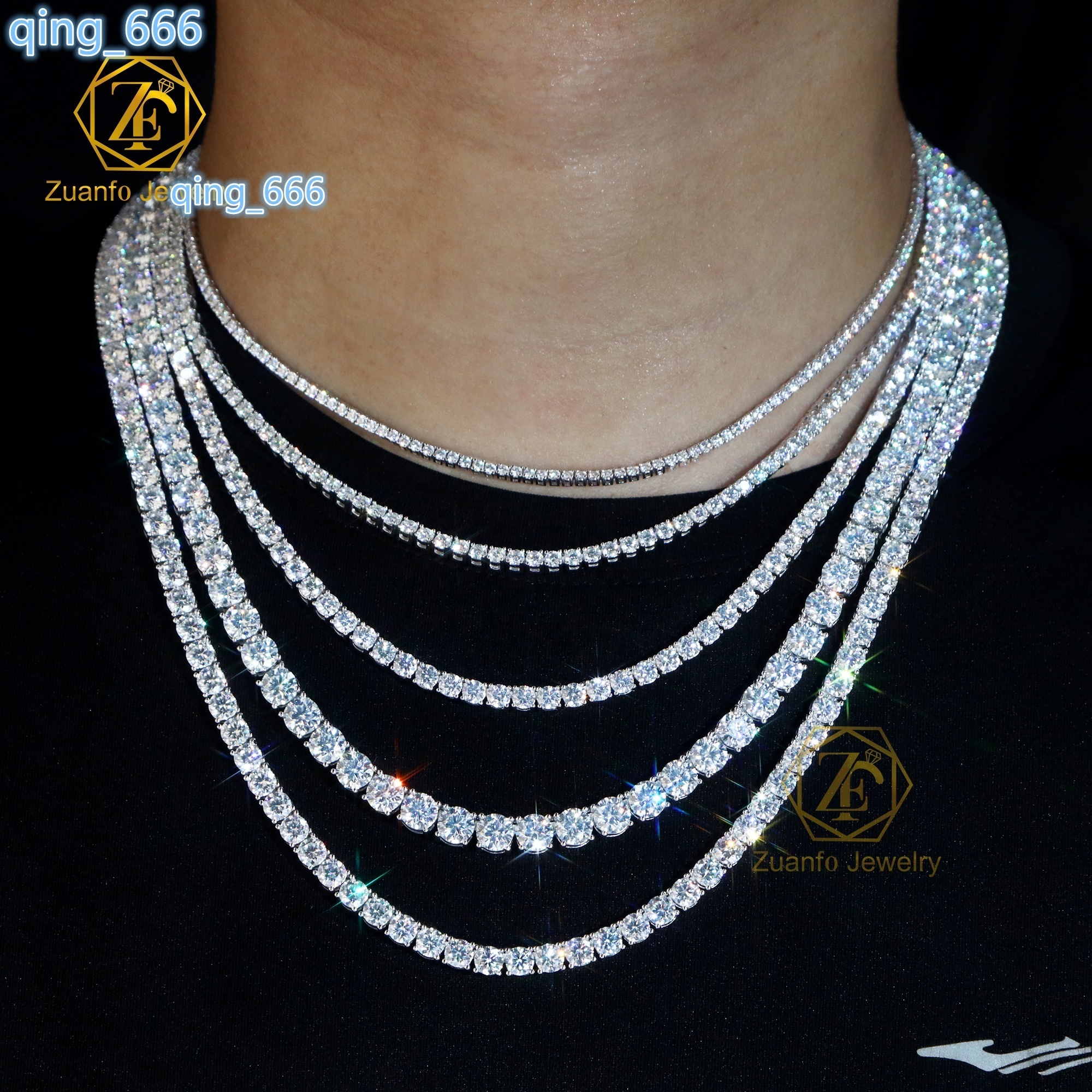 Luxury Hip Hop Iced Out Fine Jewelry 2MM 3MM Lab Diamond S925 Silver Vvs Moissanite Tennis Chain Necklace for Men Women