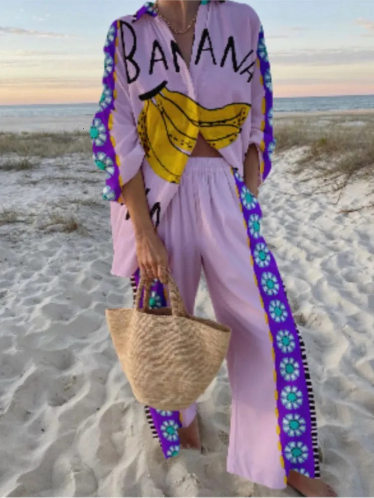 Women Print Lapel Shirt 2-Piece Set Summer Vacation Style Cruise Lace Up Wide Leg Pants Female Casual Beach Holiday Set 250714