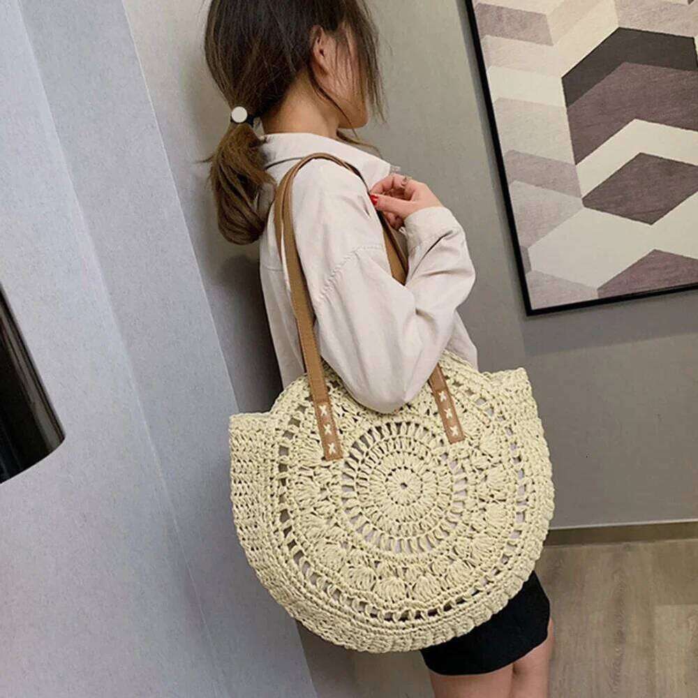 Summer Straw Woven Handmade Hollow Shopping Tote Bag Fashion Casual Simple Portable Large Capacity For Seaside Holiday