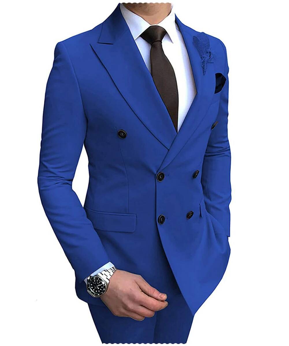 2025 New Beige Men Suit 2 Pieces Double Breasted Notch Lapel Flat Slim Fit Casual Tuxedos For Wedding Blazer Pants