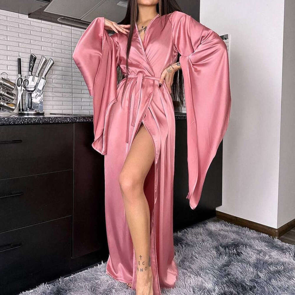 Summer Women's Long Sleeve Solid Color Slit Waist Fashionable Dress B5