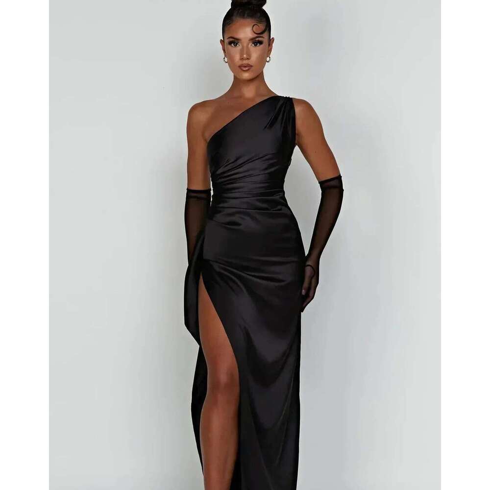 Summer Design Sense Elegant Sexy Fashion Asymmetrical Shoulder Slit Satin Dress B5