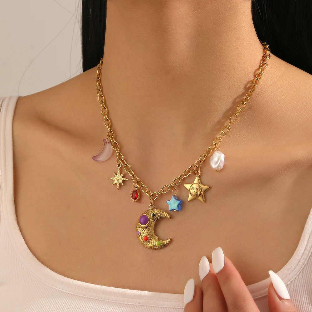 DIEYURO 316L Stainless Steel Colorful Enamel Moon Stars Multi Pendant Necklace Lady Fashion Neck Chain Waterproof Jewelry Gif 250711