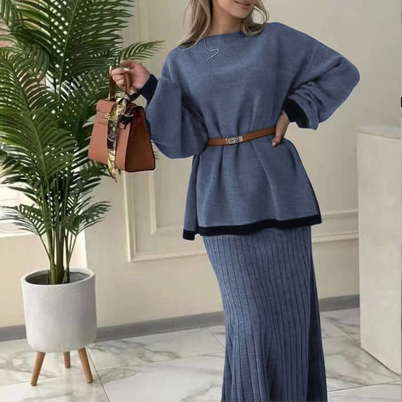 Autumn New Women's Long Sleeve Knitted Sweatshirt Waist-Cinching Half Skirt Set For Women B5