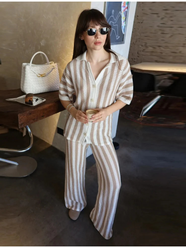 Womens Fashion Knitted Striped Pants Set Casual Lapel Short Sleeve Single Breasted Shirt Wide Leg Trouser Lady Chic Outfit 250714