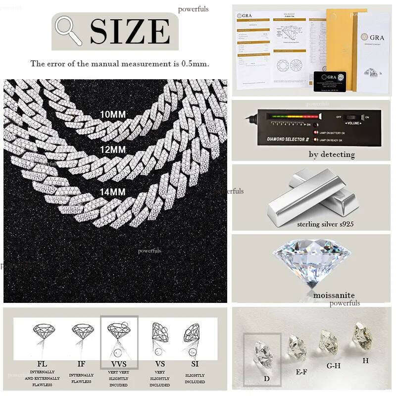 VVS Mossanite 2rows 8mm 10mm 12mm 14mm S Sier Dia Necklace fashion Man Moissanite Hiphop Cuban k Chain