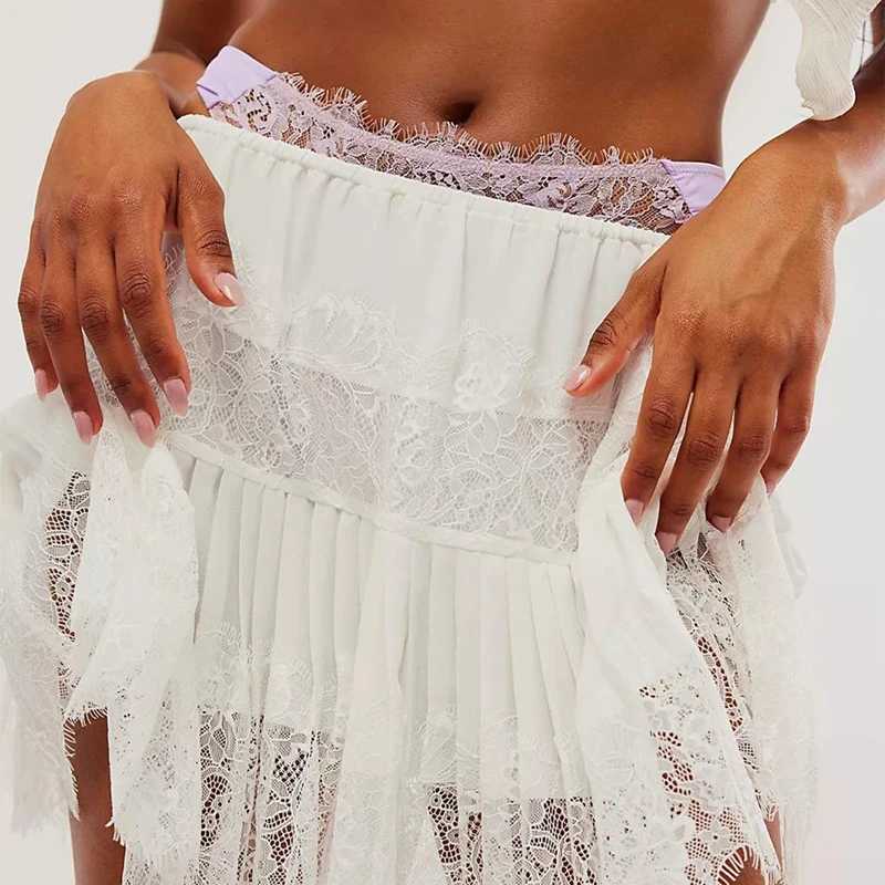 Vintage Y2K Ruffle Mini Skirt Women Lace Hem Low Rise Pleated Short Skirt Fairycore A-line Tiered Flowy Skirt Elegant Streetwear R250715