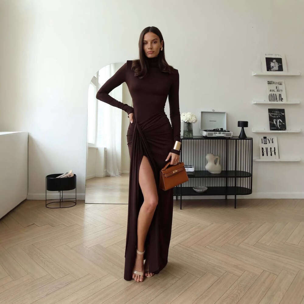 Spring New Women's Solid Color Half High Collar Sexy Waist-Cinching Elegant Fashion Dress B5