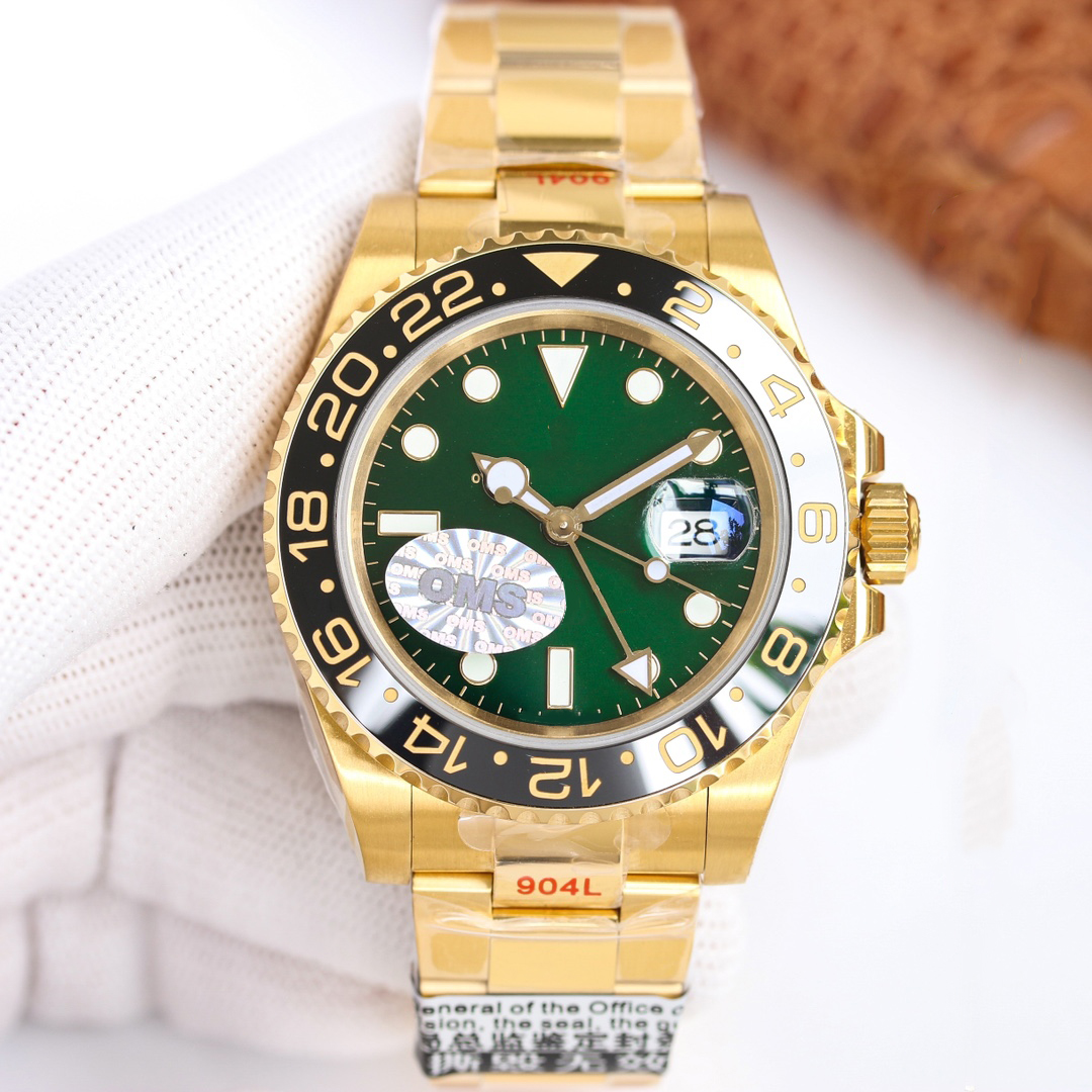Designer Mens GMT2 Watch High Quality 2814 Automatic Movement Men Multi Time Zone Watch Green Dial Gold Stainless Steel Strap Wrist Watch