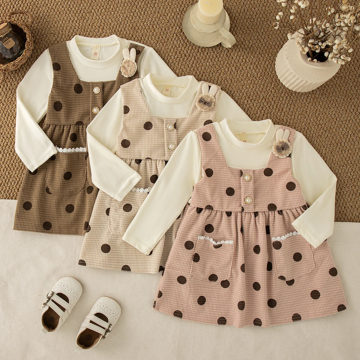 Spring And Autumn Black Polka Dot Baby Girl Dress Beige Long Sleeved ChildrenS Clothing For Babies Aged 0-3 Years Old 250715
