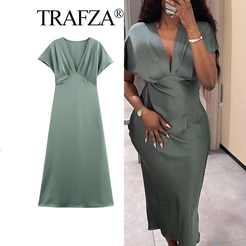 TRAFZA Spring Summer New Style Women's Fashionable Elegant Casual Satin Texture Dress B5