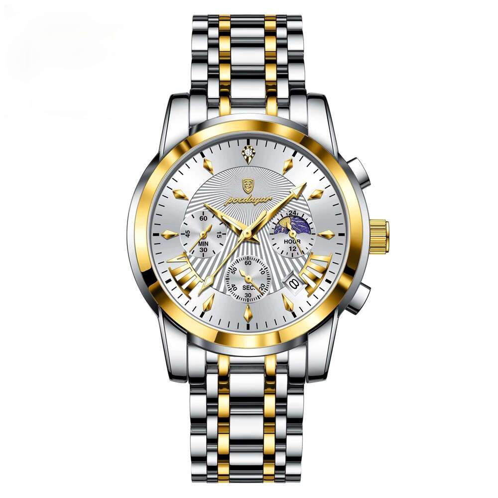 DHwatches Men's Multifunction Quartz Watch - 50M Waterproof Chronograph with Moon Phase & Date, Stainless Steel (Model 813)