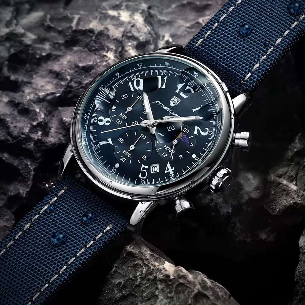DHgargets Men's Multifunction Watch - 30M Waterproof Chronograph with Moon Phase & Date, Rose Gold Accent Canvas Strap (Model 808)