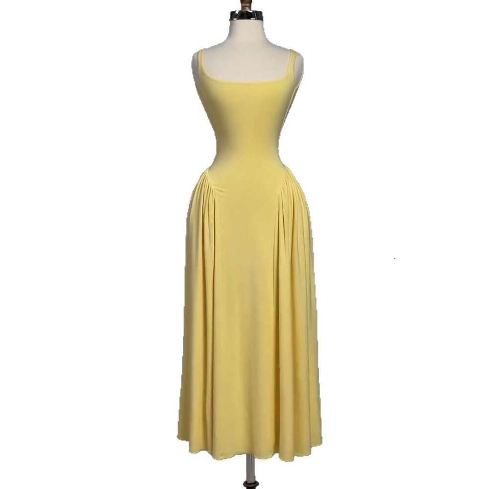 Summer New Women's Solid Color Square Neck Elegant Loose Pleated Sleeveless Plus Size Dress B5