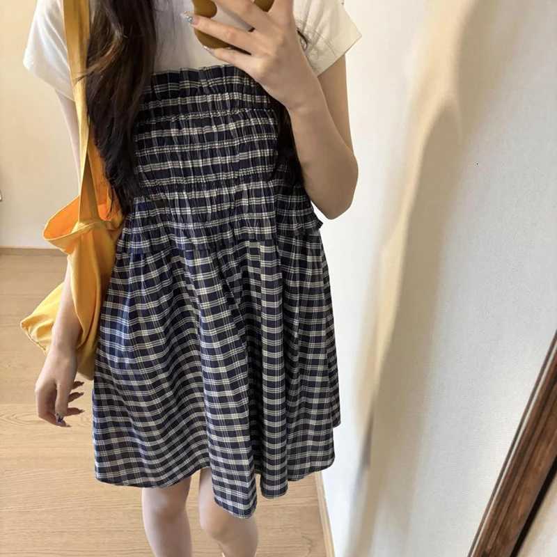 2025 Korean Elastic High Waist Plaid Skirt Women Summer Patchwork Sleeveless A Line Dress Chic Pleated Midi Skirts Female R250728