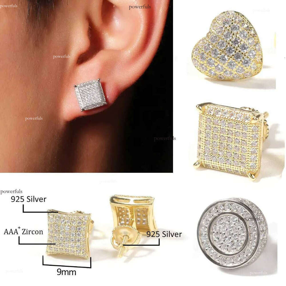 Sterling Sier Mens Stud Earrings White Gold Plated Hip Hop CZ Cubic Zirconia Square Heart Love Round Earring Studs Iced Out Dia Rapper Ear Jewelry for