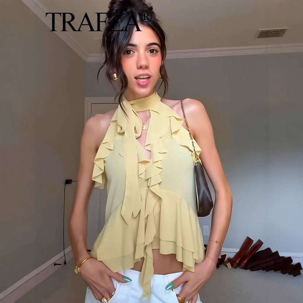 TRAFZA Women's Fashion Spring New Layered Decorative Halter Neck Top B5