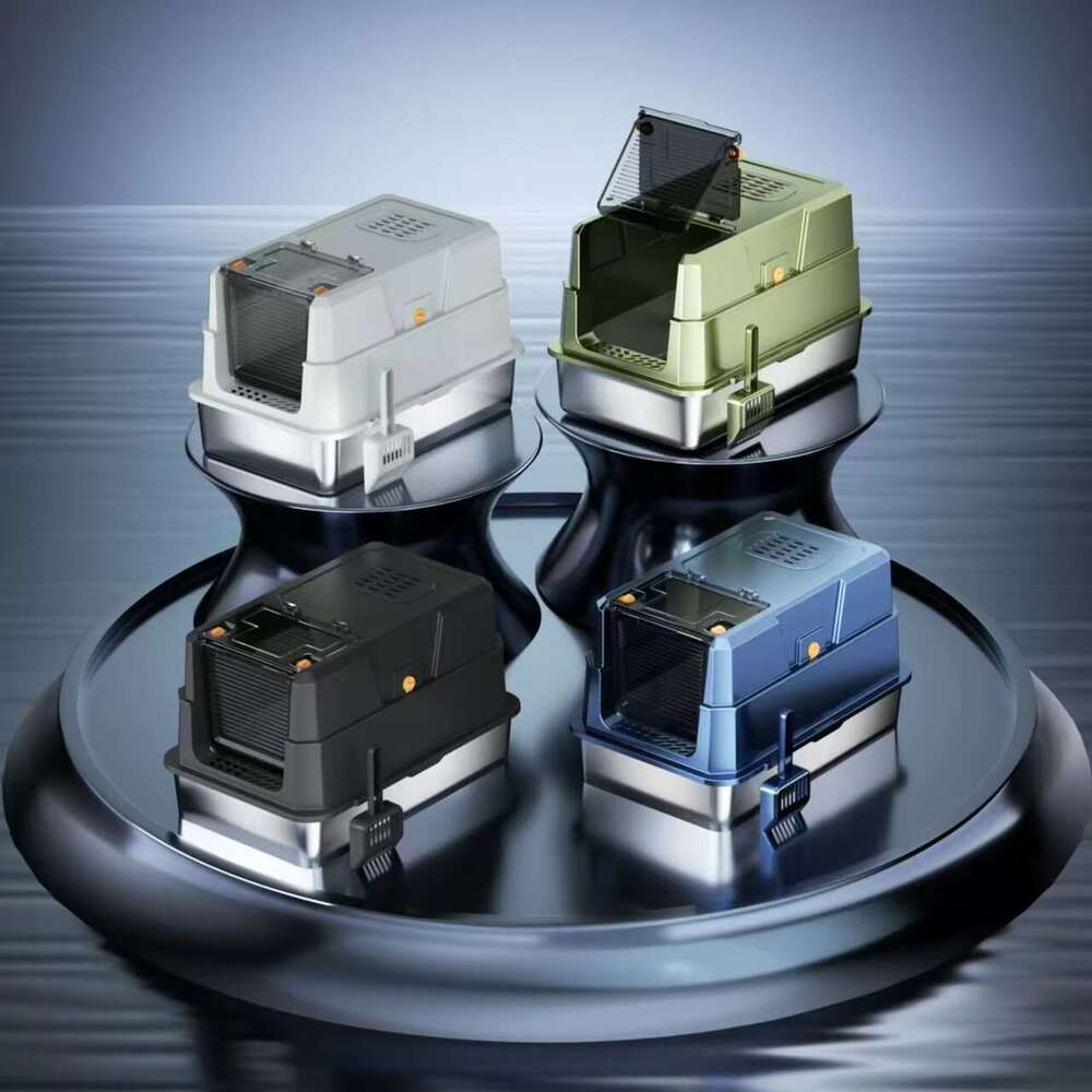 Large Top Entry Enclosed Stainless Steel Cat Litter Box with Lid and Scoop for Big Cats Odor Control