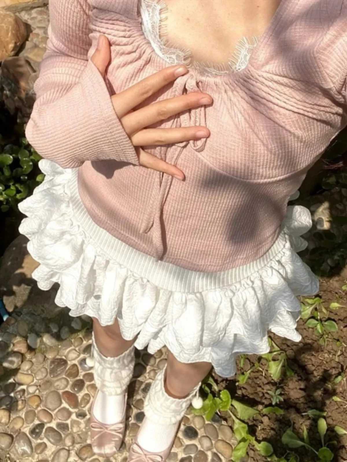 Kawaii Ball Gown Short Skirt Pleated Ruffles Layered High Waist Solid Mini Cake Skirts Lolita Girl Sweet Cute Elastic Waist Y2K R250715