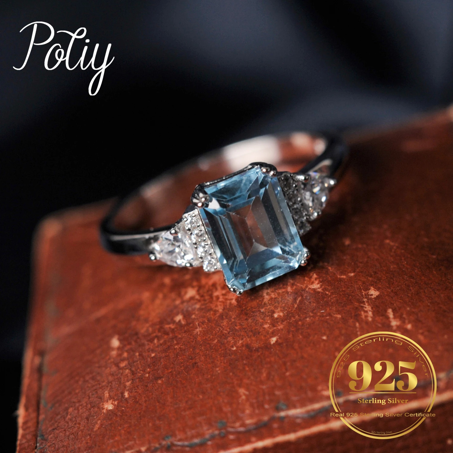 Potiy Sky Blue Topaz Emerald Cutring rings for women gift 925 sterling silver jewelry Free delivery elegant valentines fashion 250712