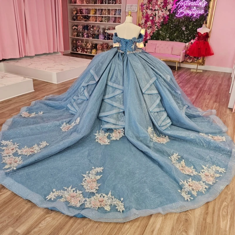 Blue Shiny Quinceanera Dresses Ball Gown Off The Shoulder Beading Applique Lace Tull Corset Party Birthday Sweet 16 Dress Vestidos 15 Anos