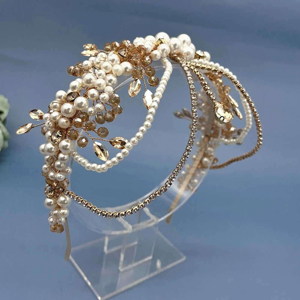 DZ266 Champagne Crystal Bridal Headband Green Blue Wedding Hair Accessories Jewelry for Women Bride Tiara Pearl Party Headpiece 250711