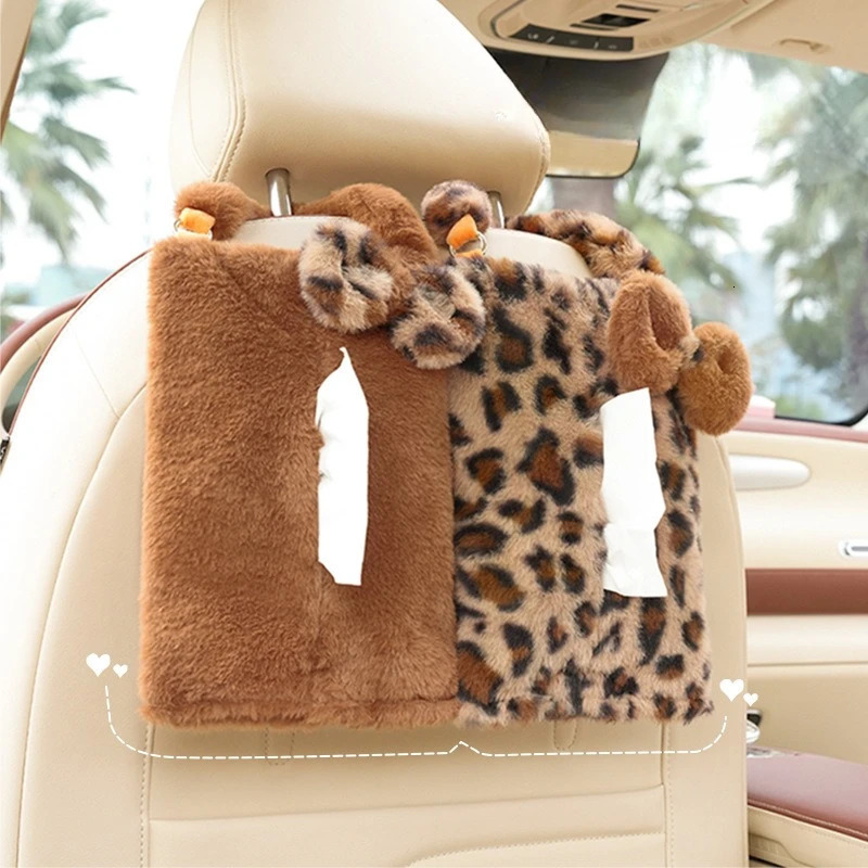 1PC Car tissue box Leopard print car tissue box plush car seat hanging paper box Fashion goddess car home dual use tissue bag 250715