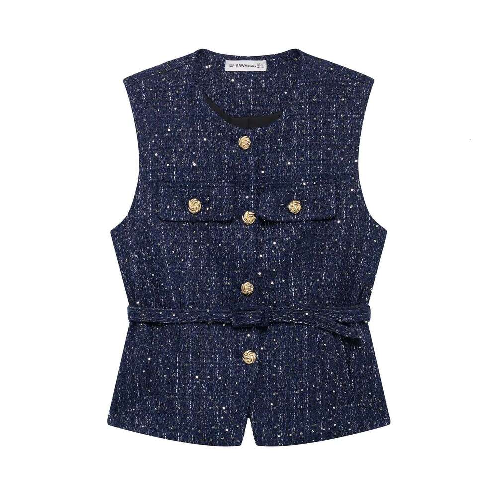 TRAFZA Spring Elegant Metal Button Sleeveless Round Neck Slim Fit Jacket Women Belt Decorated Beaded Vest B5