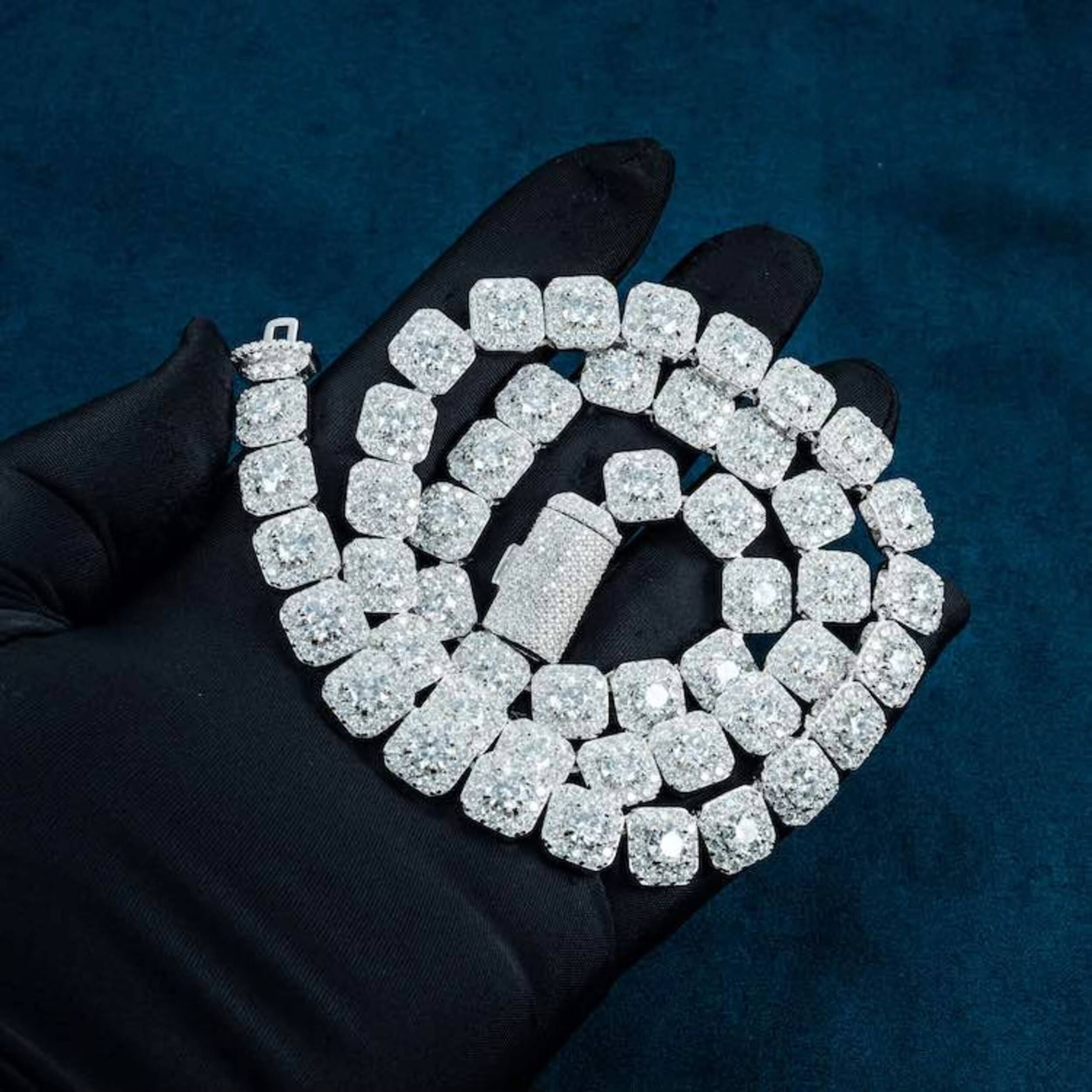 Mens Womens 925 Sterling Silver Iced Out Round D Color Moissanite Square Tennis Cluster Chain 16 Inch Gold Plated Luxury Jewelry