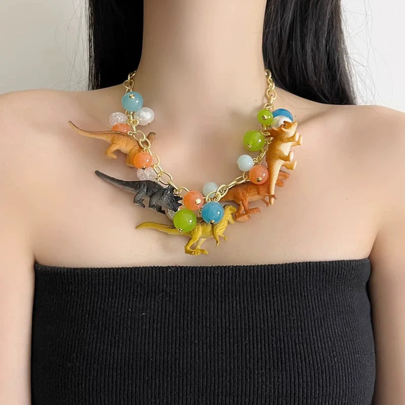 Exaggerated Three-Dimensional Color Dinosaur Pendant Necklace for Men Women Sweet Cool Fashion Trend Beaded Necklace 250711