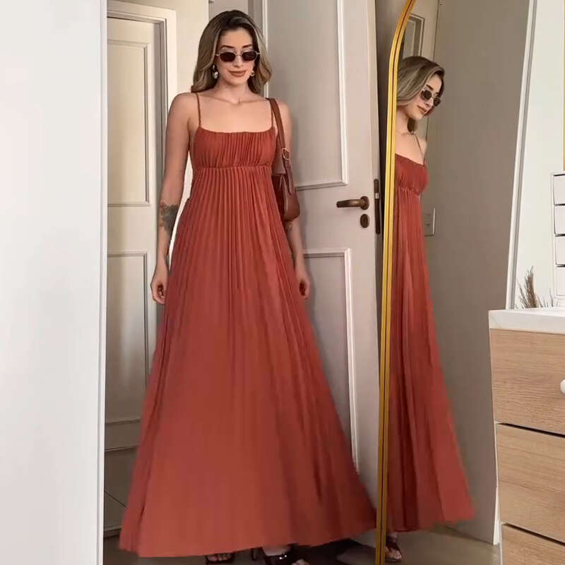 Summer New Style Strap Women Sexy Slim Fit Elegant Pleated Dress B5