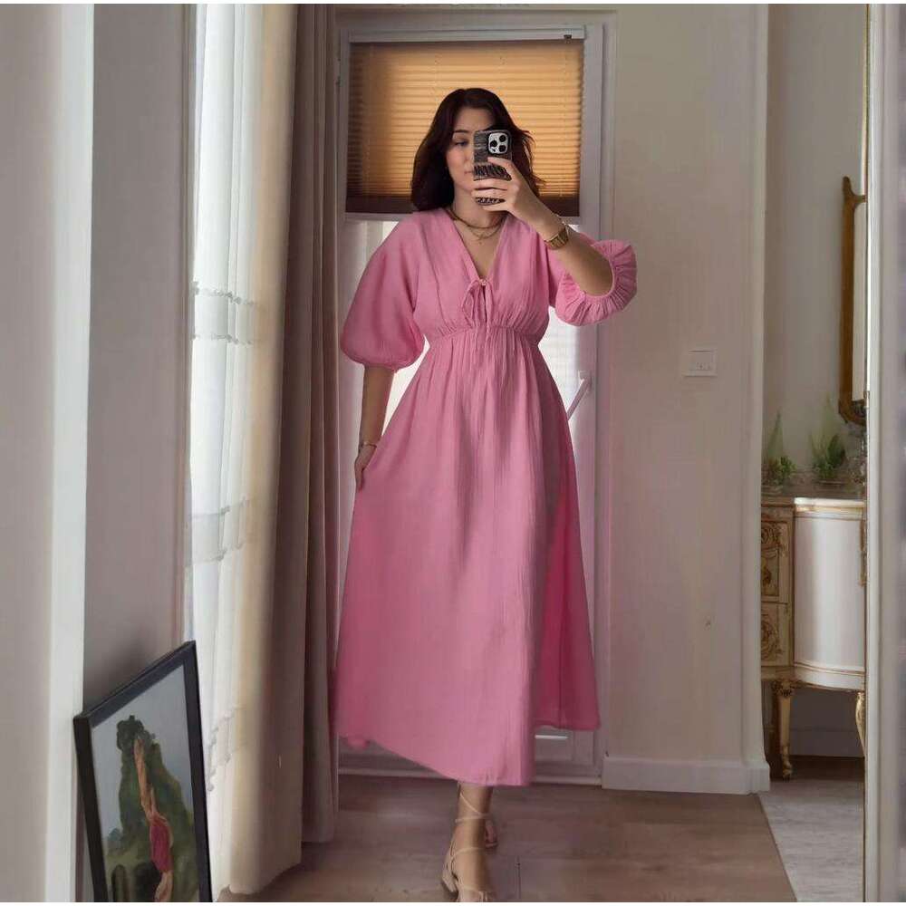 Summer New V-Neck Women's Sexy Puff Sleeve Slim French Mid-Length Dress B5