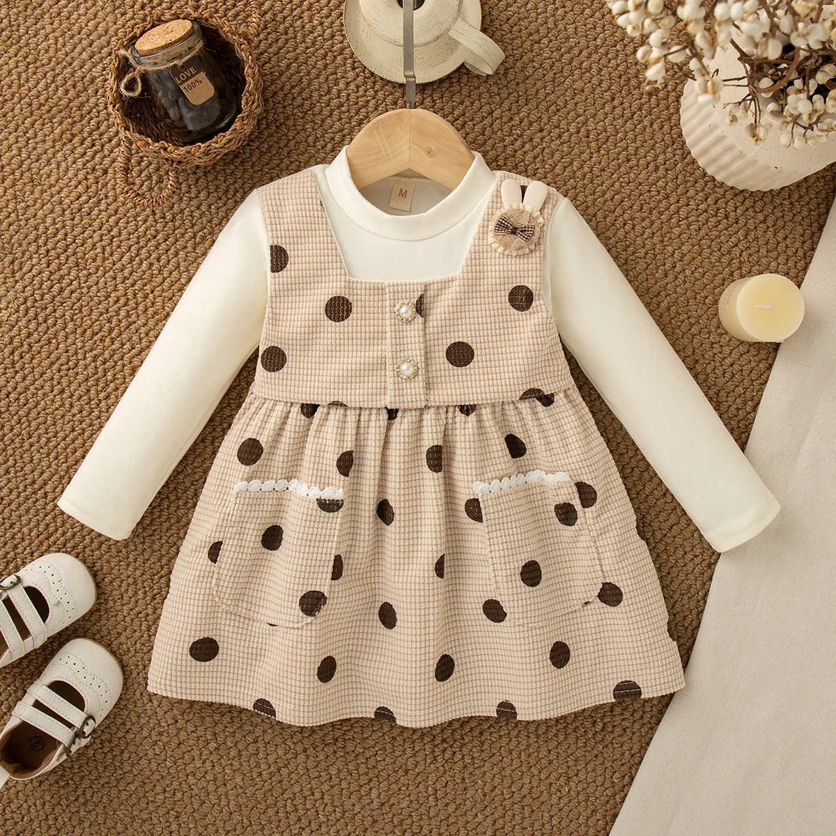 Spring And Autumn Black Polka Dot Baby Girl Dress Beige Long Sleeved ChildrenS Clothing For Babies Aged 0-3 Years Old 250715