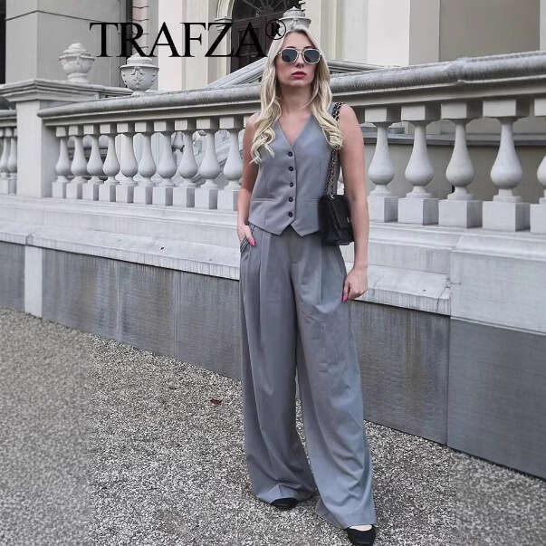 TRAFZA Autumn Versatile Fashion New Tie Strap Vest + Double Pleated Pants Women's Clothing B5