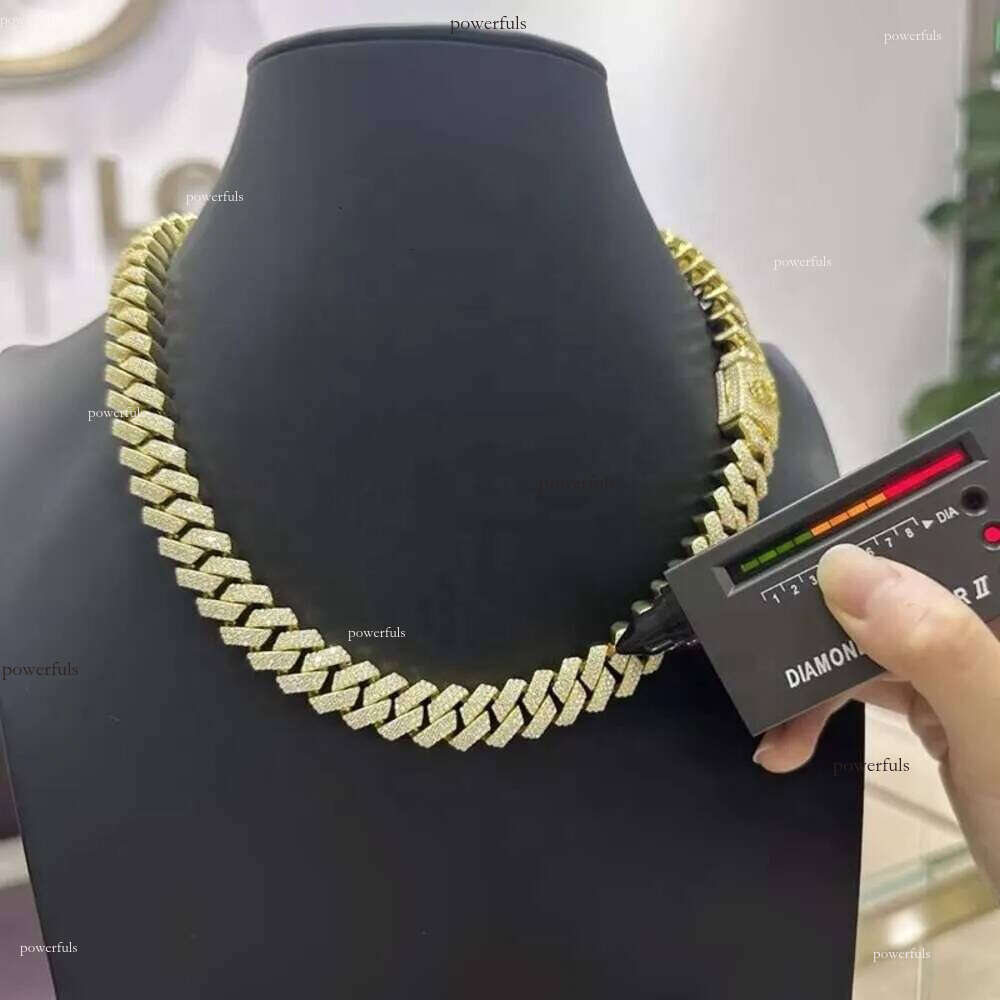 necklace moissanite chain Hip Hop Jewelry Custom VVS Lab Dia Mossinate Chain Men 14k Gold Vermeil 15mm Prong Cuban Link